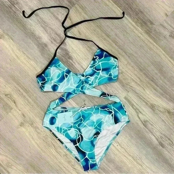 Cupshe Other - NWT Cupshe Water Ripple Wrap One-piece Swimsuit Halter Bathing Suit Blue Size M